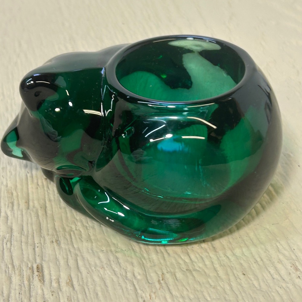 Viking Glass Sleeping Cat Votive Holder Green Art Glass Figurine Trinket Dish